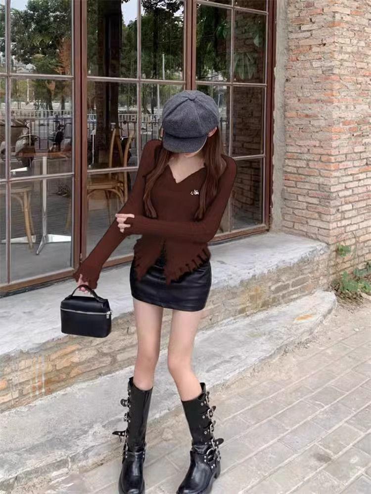 Women's Irregular Bodycon Knit Sweater - 2025 Spring/Autumn Long Sleeve Top