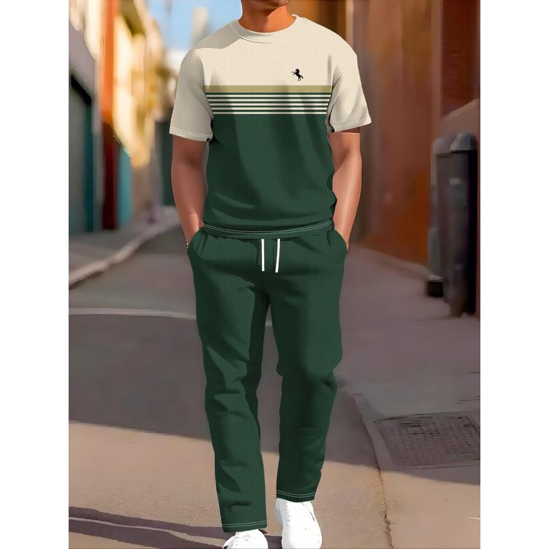 European & American Casual Sports Printed Two-piece Set: Short-sleeve Long Pants