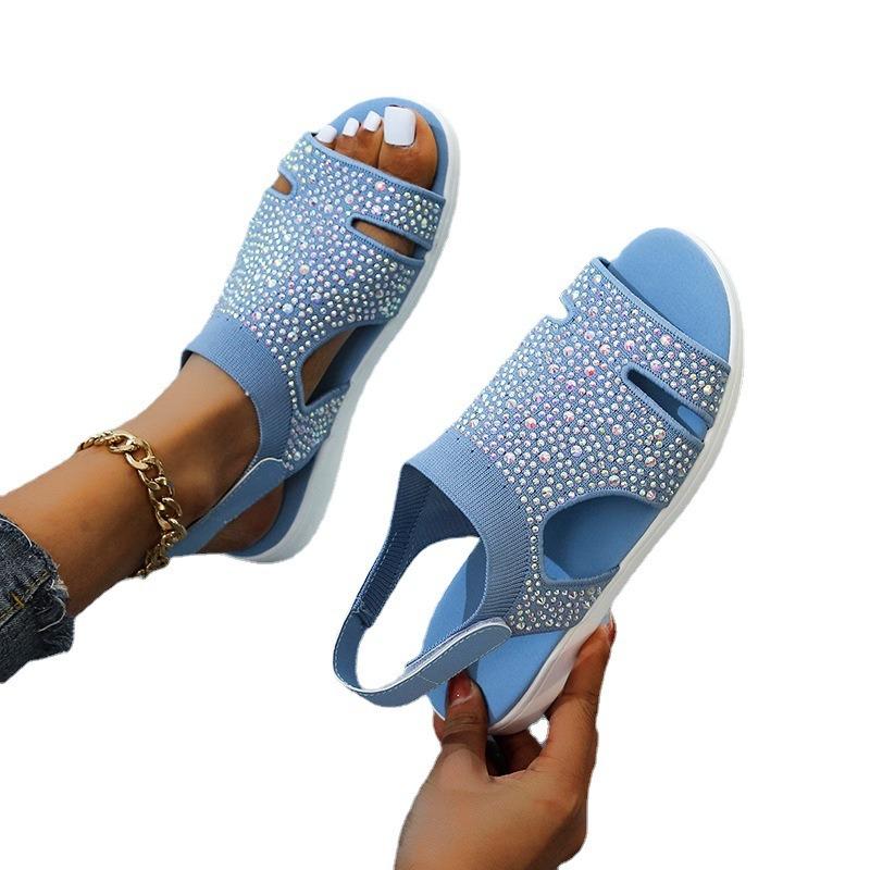 Summer Velcro Fly-woven Elastic Cloth Fish Mouth Sandals Women's Breathable Large Size Hollow Rhinestone Sandals Siz-3