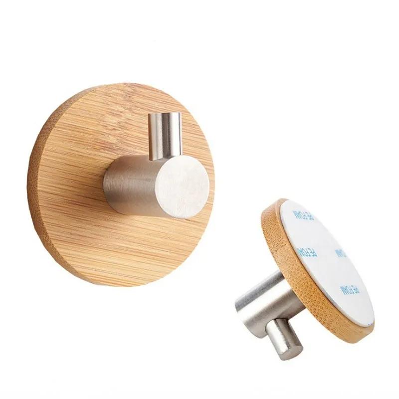 Adhesive Bamboo Stainless Steel Hook Rack Wall Clothes Bag Key Hanger Hook Kitchen Bathroom Door Towel Rack Shelf
