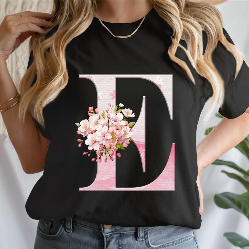 Y2k Cherry Blossom Letter Az Tshirts Unisex Pink Floral Aesthetic Alphabet Tees Short Sleeve Boho Chic Tops Mama Gifts Tshirts