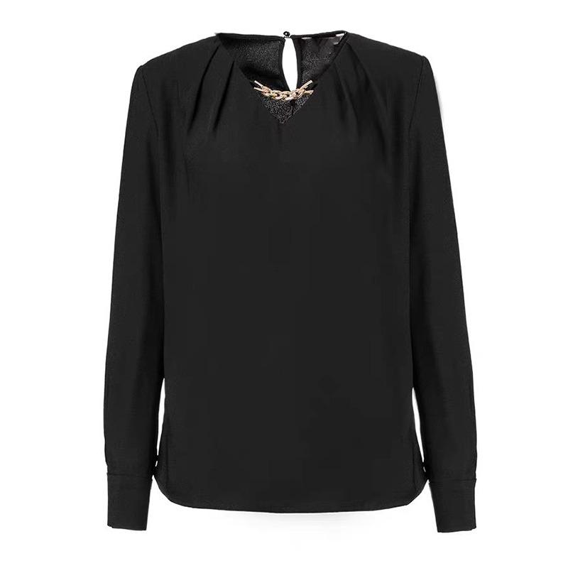 Модная элегантная женская атласная рубашка с V-образным вырезом и цепочкой, весна-осень 2025, свободного кроя, с длинным рукавом, черная офисная блузка, повседневные простые женские топы