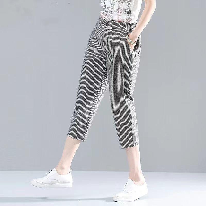Skinny Breathable Cotton Pants Large Size Striped Harlan Cropped Pants Women's Casual Pants Summer Loose Versatile Neutral Grey Stripe Casual Trousers