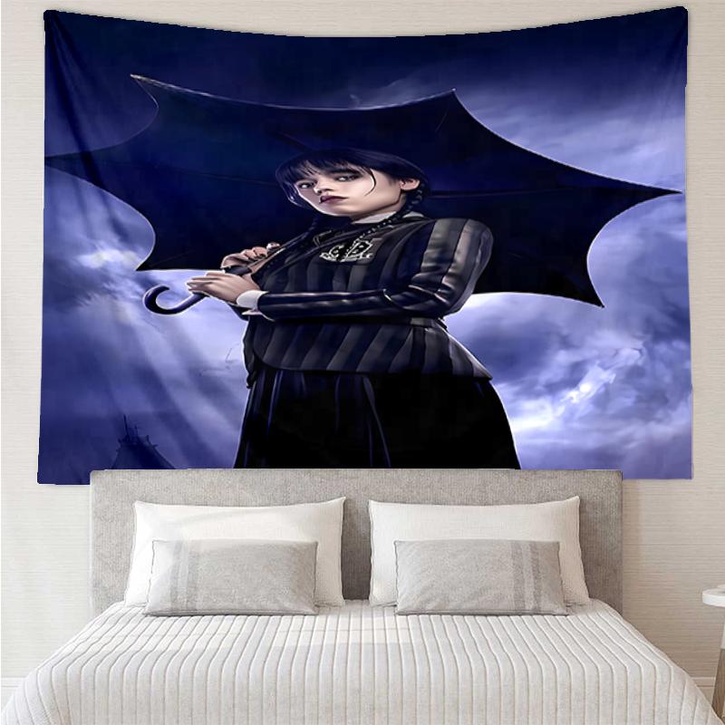 Wednesday Print Tapestry, Backdrop, Easy Setup, Ideal for Bedroom, Office & Living Room, with Aesthetic Wall Hanging Decor.