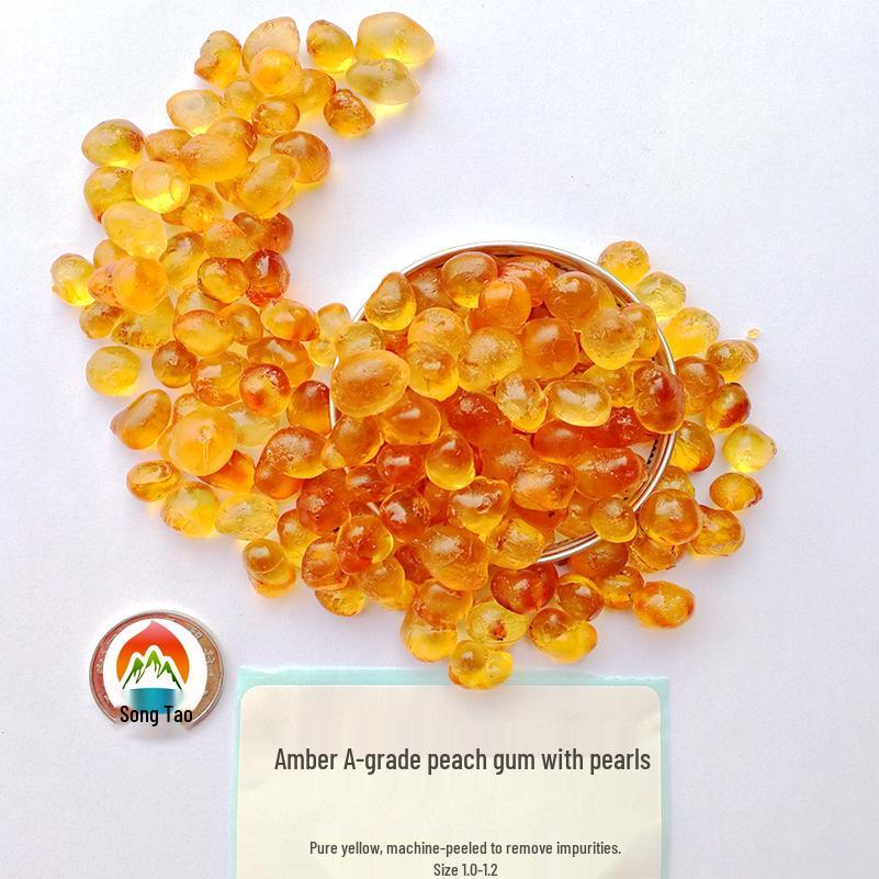 Amber Peach Gum: High Expansion, Mixed Quality, Freshly Stewed, Available in Large, Medium, Small Pearl Sizes