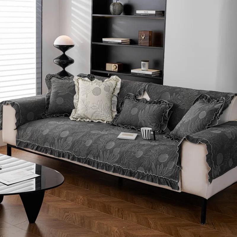 Cotton Sofa Cushion Small Floral Embroidery Sofa Covers for Living Room Four Season Universal Couch Towel Non-slip Sofa Mats