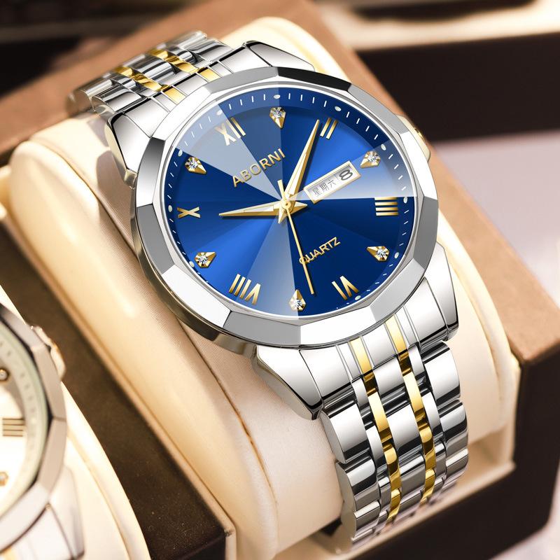 Мужские часы ABORNI, деловые наручные часы с двойным календарем, модные кварцевые мужские часы из зеркальной стали с бриллиантами и бриллиантами