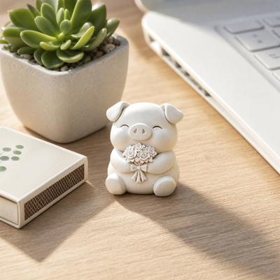 3D-печатная фигурка-букет милой свинки, матовая белая скульптура животного, гладкое декоративное украшение с розой и бантом, устойчивая статуэтка для рабочего стола