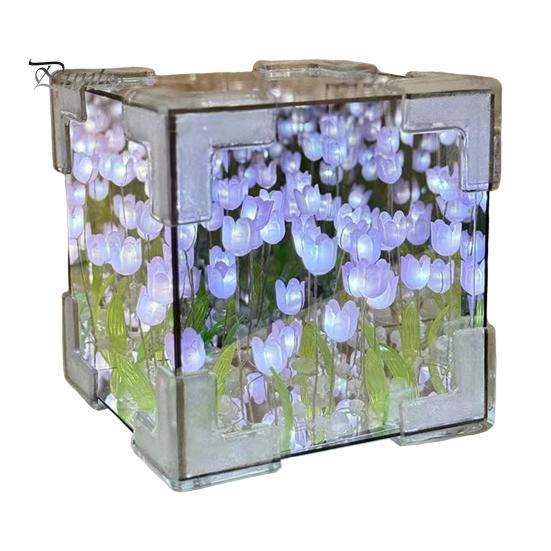Handmade DIY Tulips Cube Mirror Lamp Soft Glow Easy To Install Romantic Tulips Flower Night Light Desktop Decoration