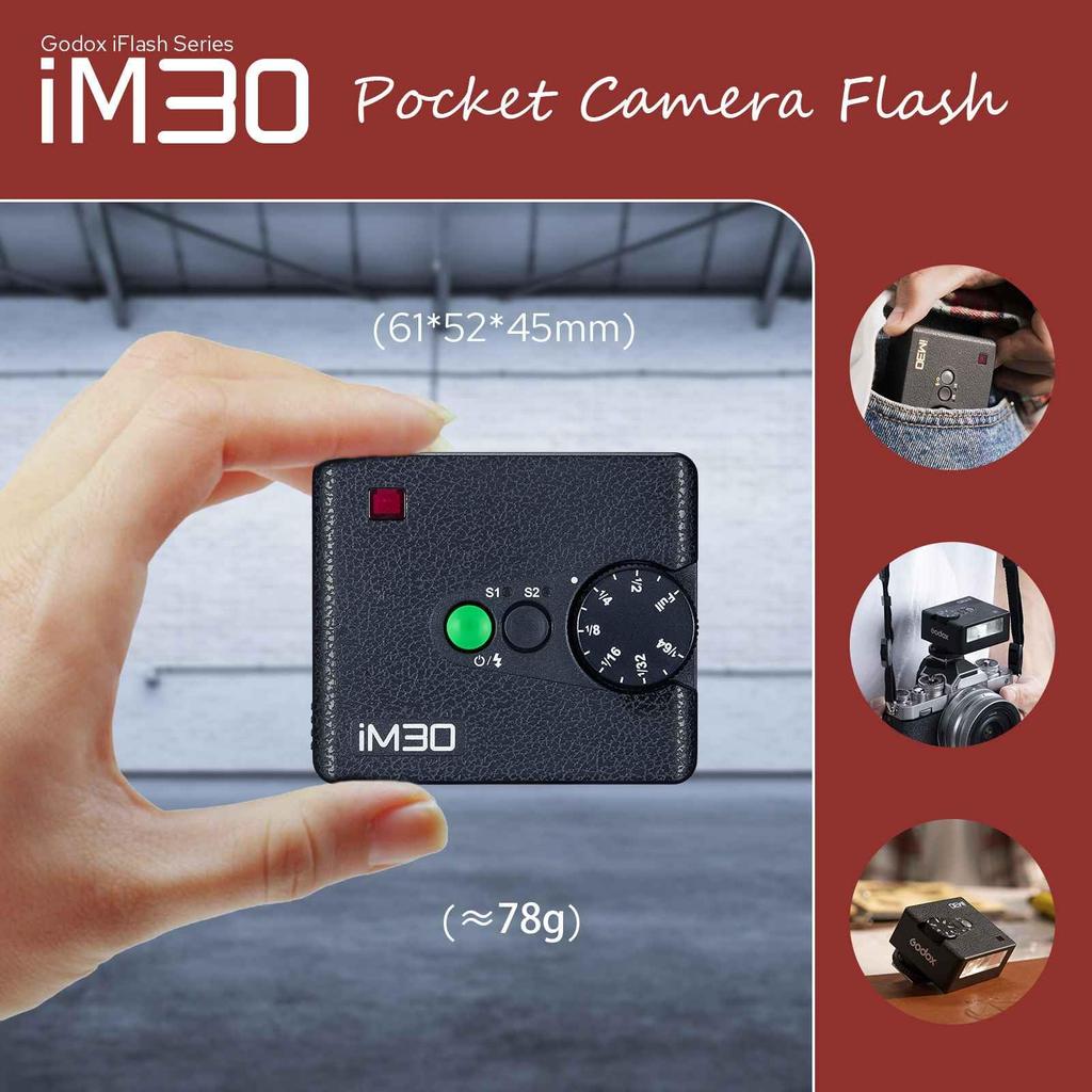 Godox i30 Руководство по эксплуатации вспышки для камеры, Ручная и оптическая синхронизация, Универсальный башмак, Совместим с камерами Olympus, Ведущее число 15, 7-уровневая регулировка, 6500K±200K, S1/S2