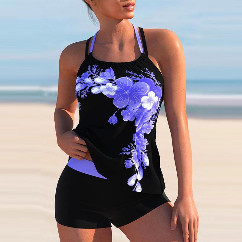Women Bikini Two Piece Swimsuit Floral Print Cross Strap Halter Tankini Plus Size Set
