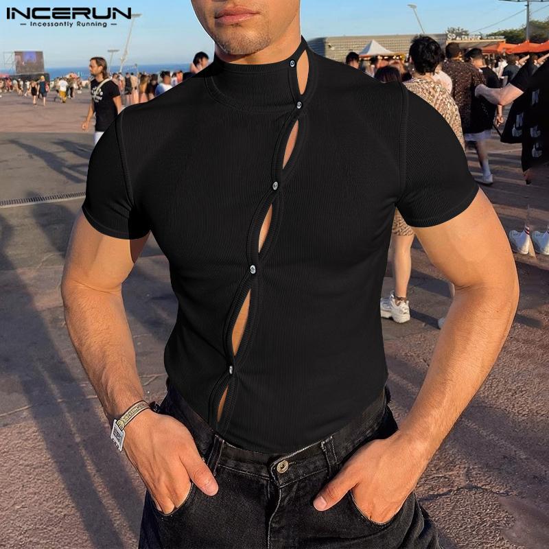 INCERUN Летние мужские повседневные футболки с воротником-стойкой и короткими рукавами с боковыми пуговицами в рубчик