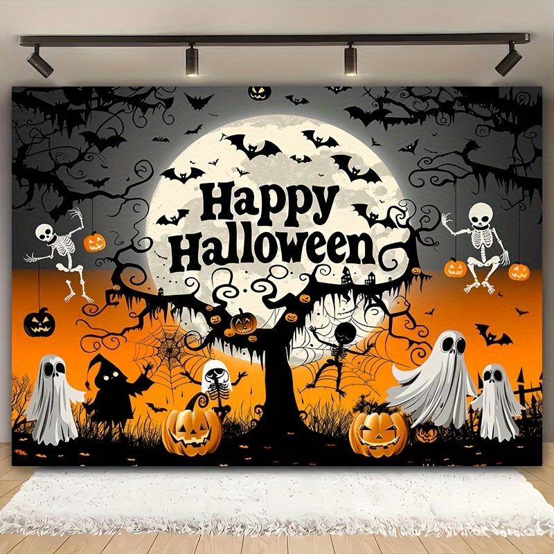 Halloween background cloth - No power supply required. Polyester material cemetery scene with cartoon full moon and bats