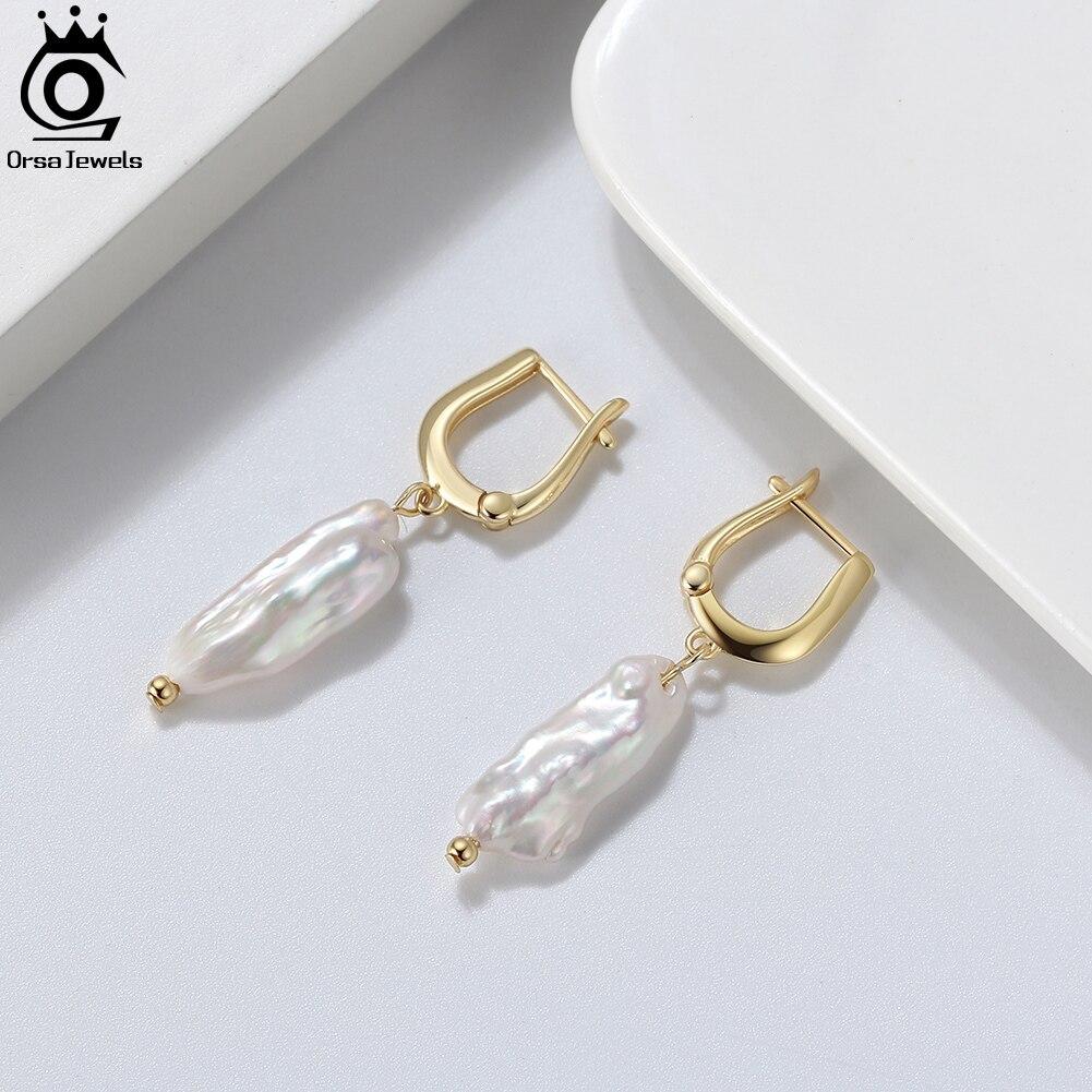 Винтажные серьги ORSA JEWELS из серебра 925 пробы с геометрическим рисунком, позолоченные для женщин, висячие серьги с жемчугом в стиле панк барокко, тренд 2021, GPE10