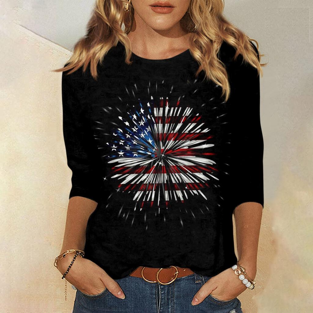 Women's Fashion Casual Three Quarter Sleeve Independence Day Print Round Neck Pullover Top Blouse