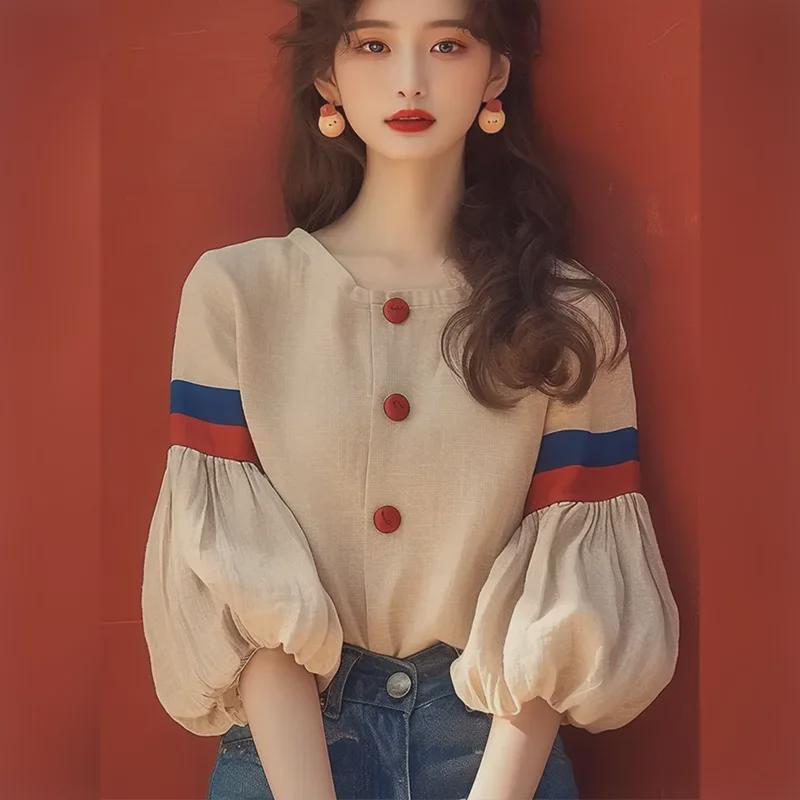 2024 Early Autumn Apricot Lantern Sleeve Women's Clothing - Chic French Design, Age-Reducing, and Stylish.