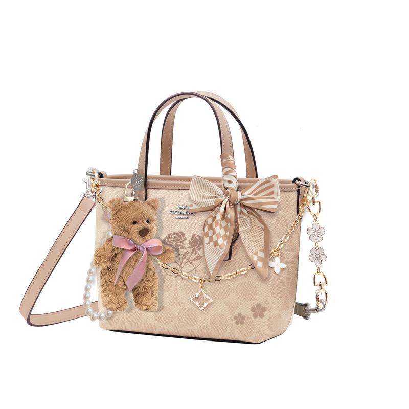 Coach [Индивидуальная сумка] City 15 логотип бренда искусственная кожа ручная роспись роза дорожная сумка-тоут мини женская серо-коричневая Mocha Bear Базовый набор