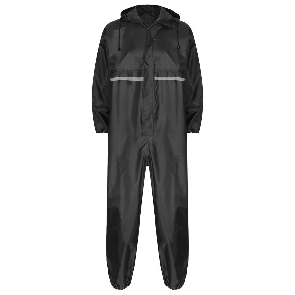 Mens Waterproof Jumpsuit Reflective Strip Rainsuit Long Sleeve Hooded Raincoat Zipper Coverall Workwear