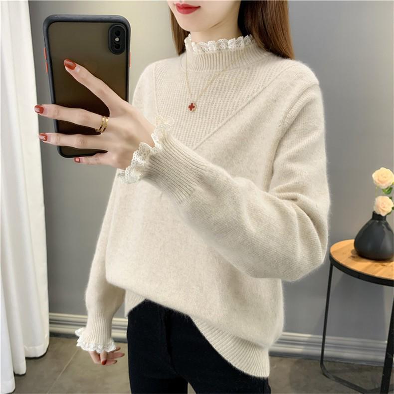 Women's Winter Patchwork Lace Knit Pullover - Half-High Neck, Solid Color Warm Sweater