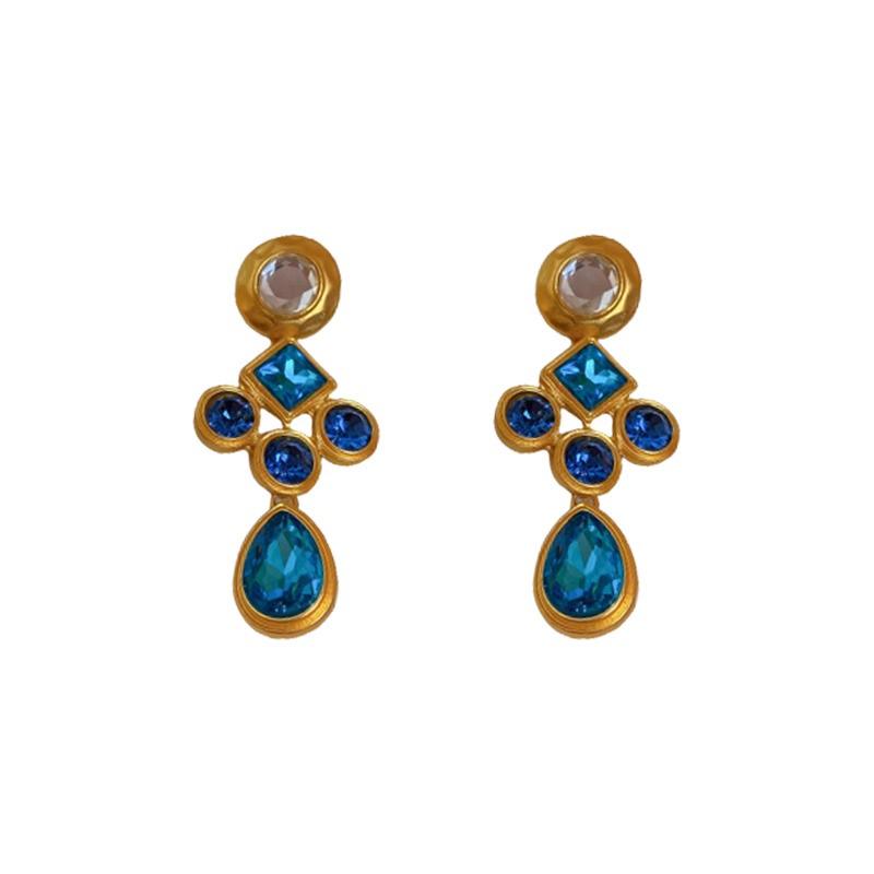 Vintage Blue Rhinestone Teardrop Earrings - Retro Luxury Court Style Geometric Studs