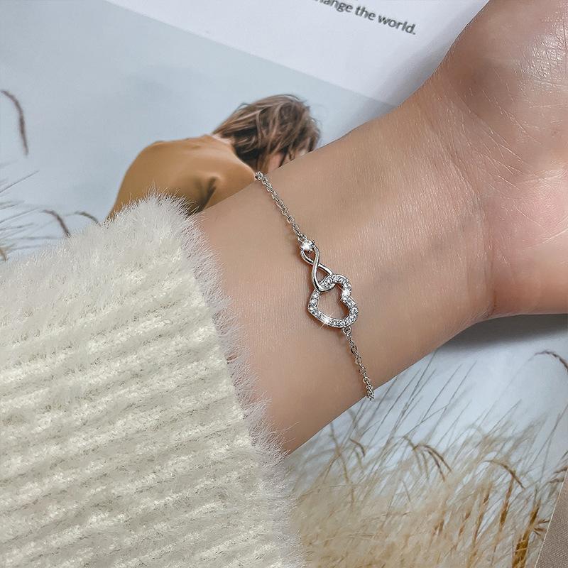 Браслет из чистого серебра S925, светлый, роскошный, бесконечная любовь, бесконечный браслет из 8 слов, регулируемый простой бриллиант в форме сердца