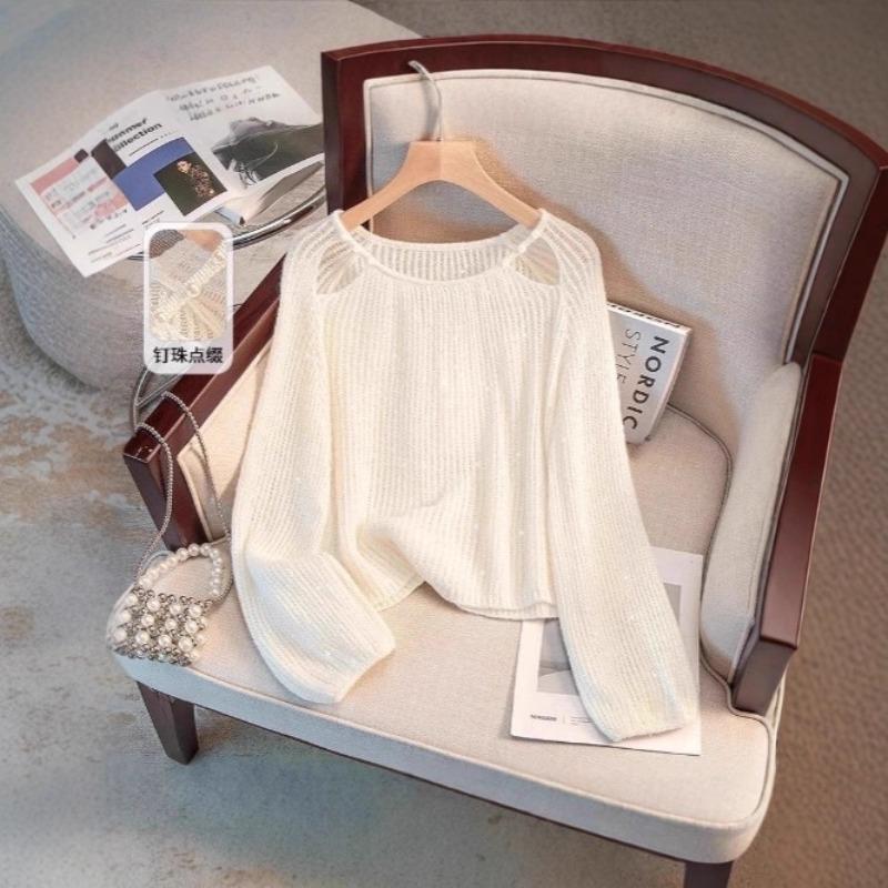 Hollow Beaded Sequined Sweater Women's New Lazy Wind Loose Knitted Sweater Design Temperament Top