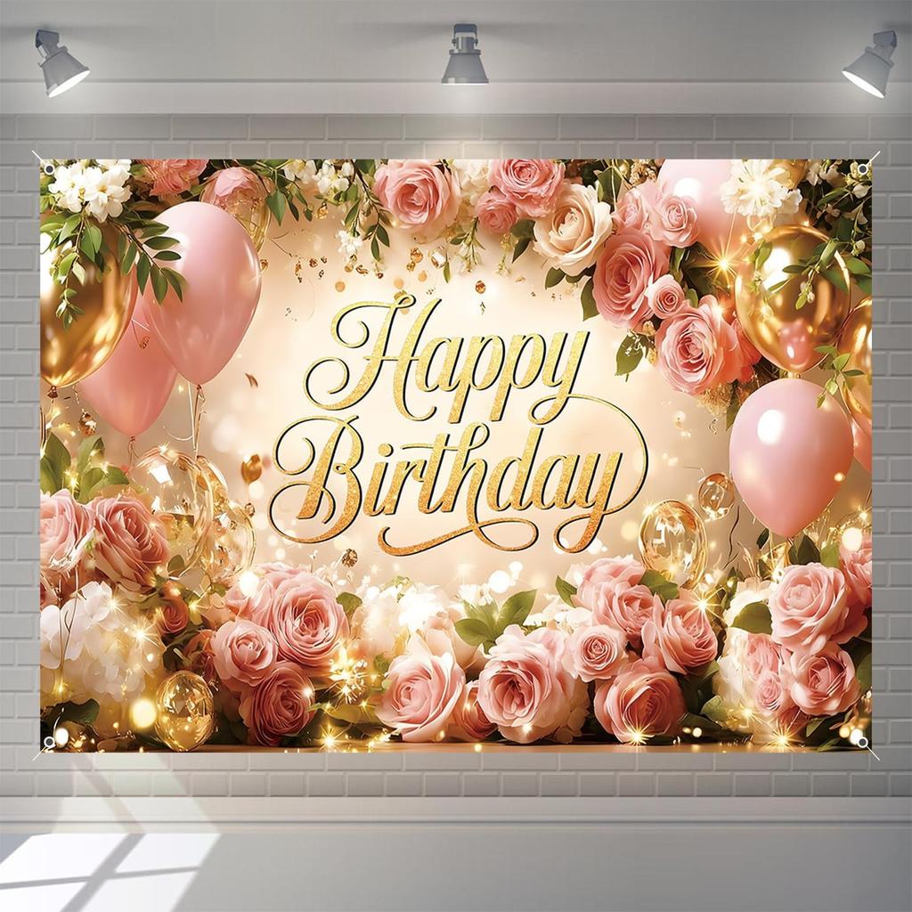 Happy Birthday Backdrop Banner for Women Girls Princess Pink Floral Flower Wall