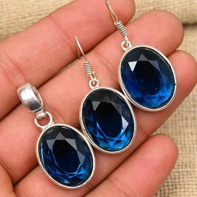 Синий сапфир, созданный в лаборатории драгоценный камень, подвеска и серьги из стерлингового серебра 925 пробы, комплект ювелирных изделий для женщин