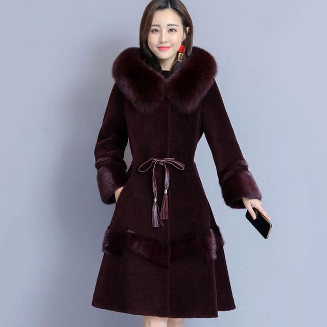 Кашемировое пальто женское зимнее норковое пальто с капюшоном из лисьего меха модное темпераментное зимнее пальто средней длины с талией и куртки Femme