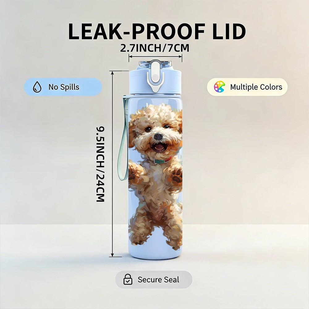 1PC Fluffy Puppy Dog Cute Pet Print 750ml Color Plastic Sports Water Bottle Leakproof Flip Straw Lid Suitable for Sports Office Home Use