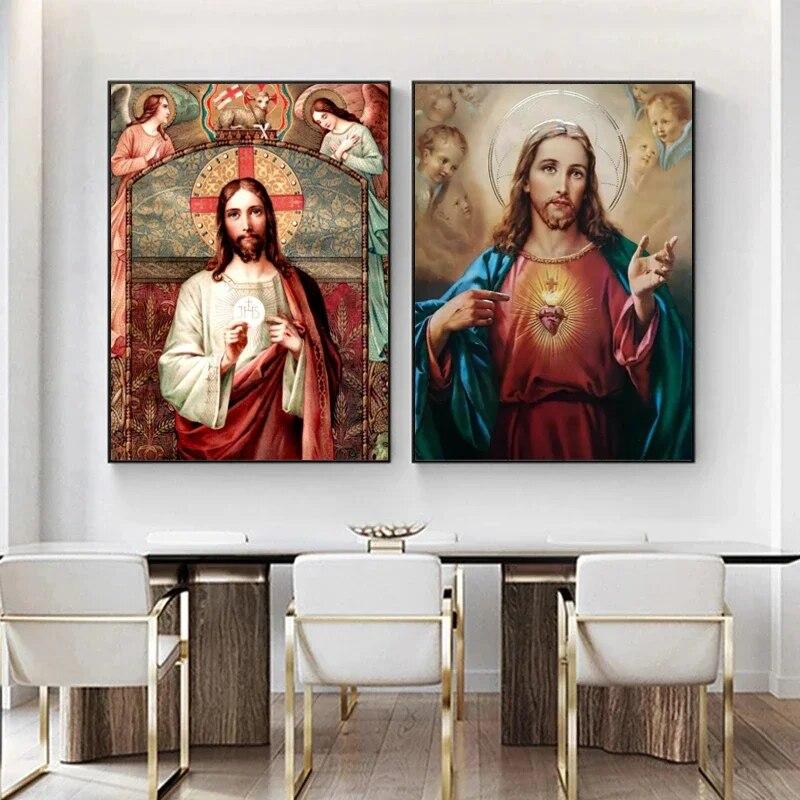 Иисус Христос Религиозная Вера Священное Сердце Плакат Холст Картина Старинные Настенные Художественные Фотографии Для Комнаты Церковь Украшения Дома