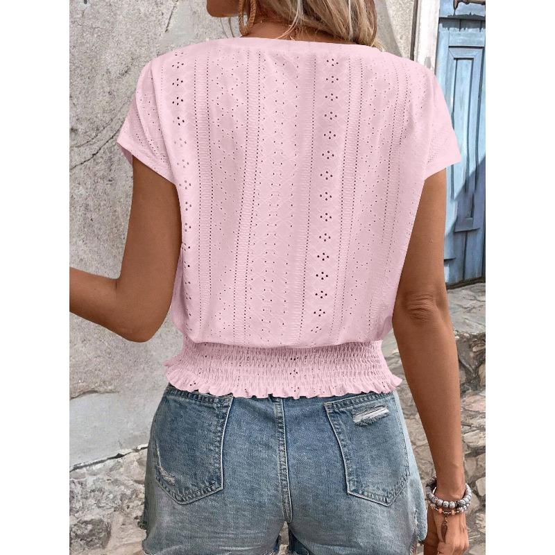 Summer V-neck Women's T-shirt Jacquard Hollow Drawstring Short Sleeve T-shirts Women Fashion Casual Tops Elegant Slim Fit Office Lady Tee Shirt New