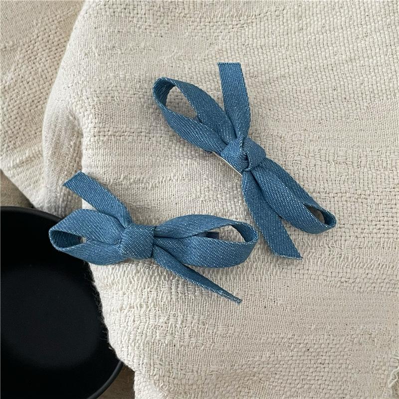 Personality Denim Blue Fabric Bow Barrettes a Pair of Hairclips Side Shredded Hair Bangs Clip Duckbill Clip