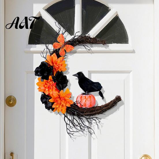 Durable Celebration Supplies Halloween Door Sign, Artificial Floral Branch Crow Moon Wall Hanger with Festival Party Bird, Spooky Window Yard