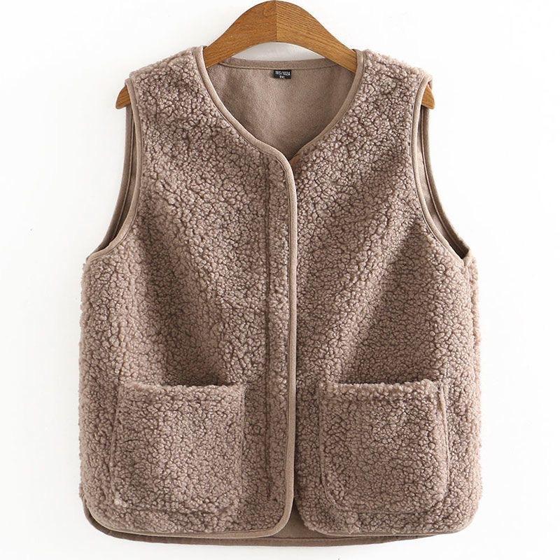 Vests Spring Autumn Women Button Waistcoat Lamb Hair Winter Thermal Warm Thick Fleece Vests Sleeveless Jacket Ladies Coats