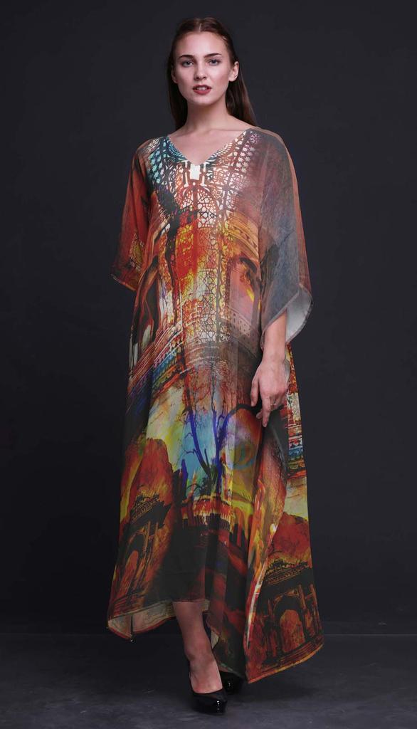 Phagun Mughal Monuments Long Caftan Maxi Dress Beach Swimwear Cover Up Womens