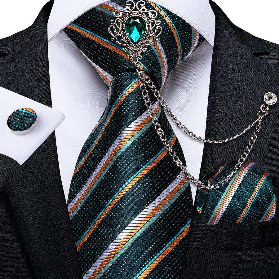 Dibangu Новинка, галстуки для мужчин, зеленый галстук с брошью, шелковый галстук, носовой платок, запонки, винтажные
