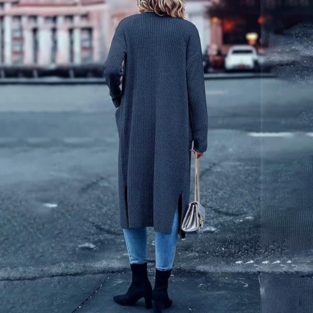 Вязаный кардиган с карманами, длинный однотонный женский свободный свитер