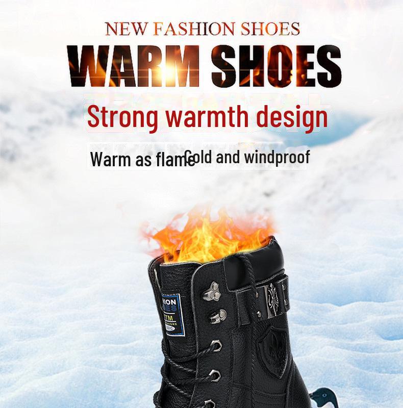 Men's High Top Leather Martin Boots - Cowhide, Winter Plus Velvet, Non-Slip, Thick Warm Cotton, Snow Work Boots