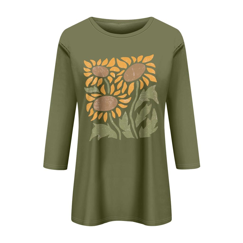 Women's Fashion Casual Printed Seven Sleeve Round Neck Top