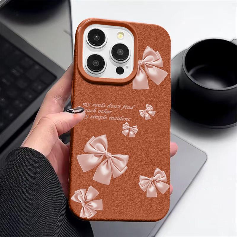 Pink Bowknot Print Soft Matte Case For iPhone 16 Pro Max 15 Pro 14 13 12 11 Solid Color Shockproof TPU Leather Texture Slim Phone Cover