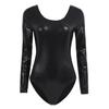 Womens Long Sleeve Shiny Metallic Gymnastics Dance Leotard Stage Performance Jumpsuit