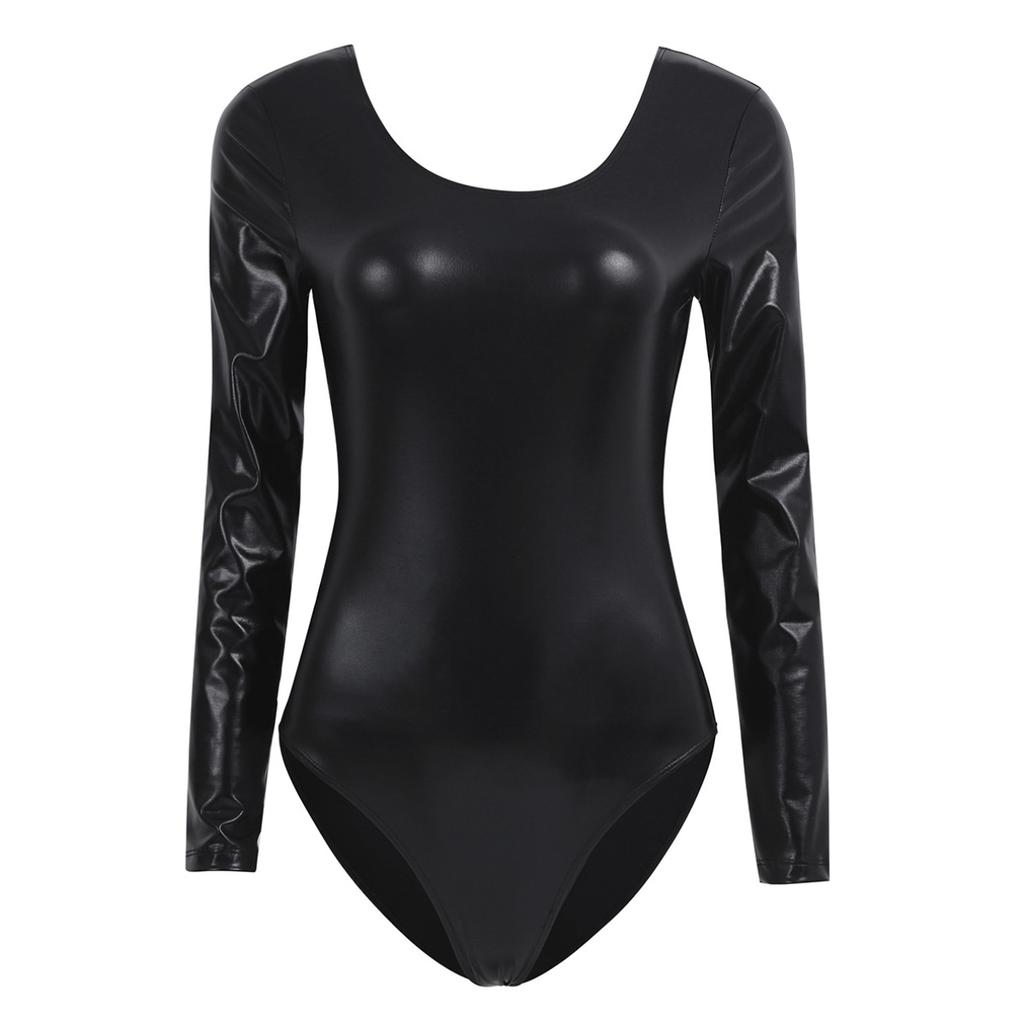 Womens Long Sleeve Shiny Metallic Gymnastics Dance Leotard Stage Performance Jumpsuit
