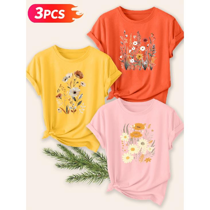 Three-piece set Elegant short-sleeved shirt for women Vintage Daisy Wildflower Print Round Neck Women's T Shirt Suitable for spring