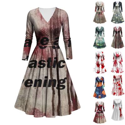 Женское модное облегающее платье с V-образным вырезом и длинным рукавом с принтом на Хэллоуин