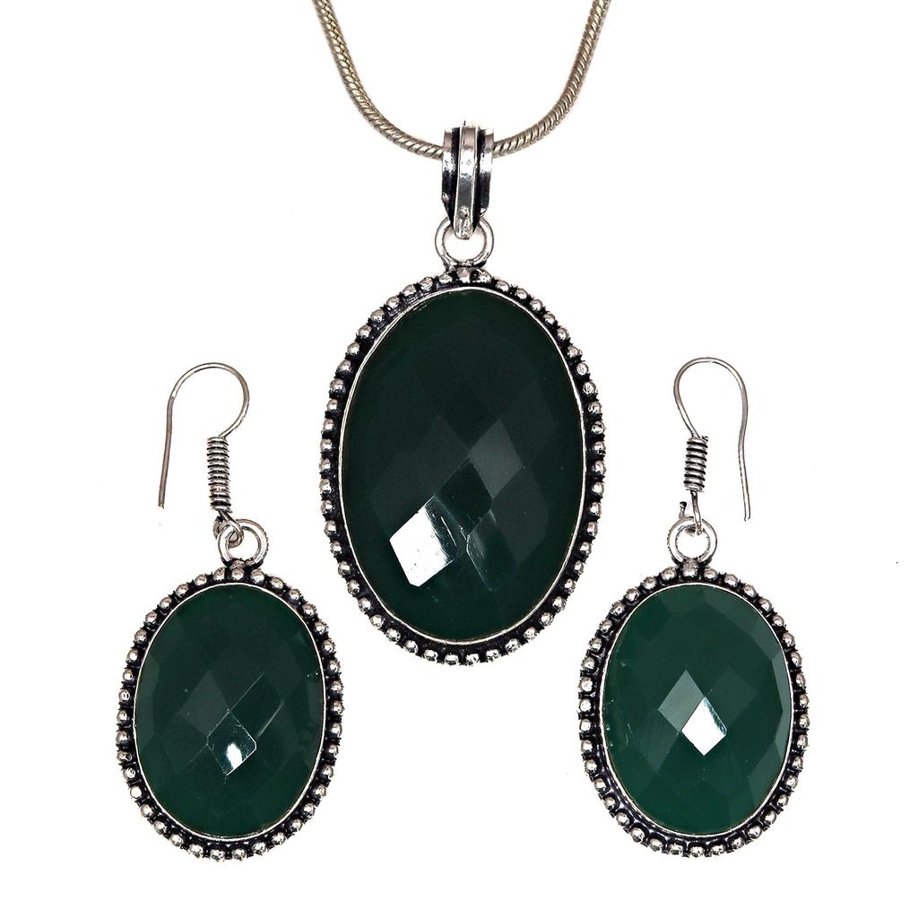 Onyx Green Pendant Set Earrings Jewelry Gemstone Handmade Ethnic