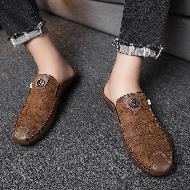 Мужские летние дышащие полутапочки из кожи с закрытым носком, без застежек, на мягкой подошве, с мягкой подошвой