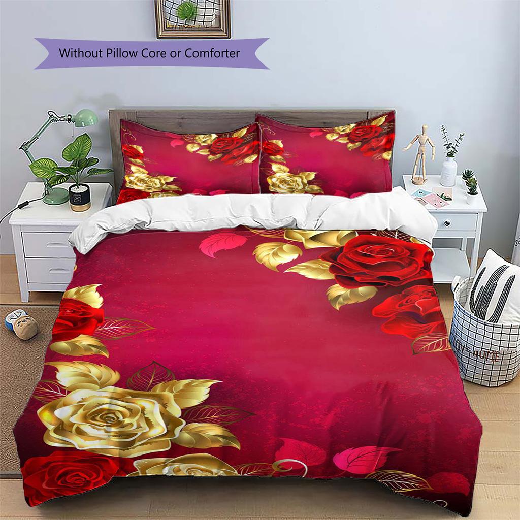Golden Flower Pattern Bedding Quilt Set Quilt Cover Pillowcase Home Decoration Gift (1 * duvet cover + 2 * pillowcase, without core)