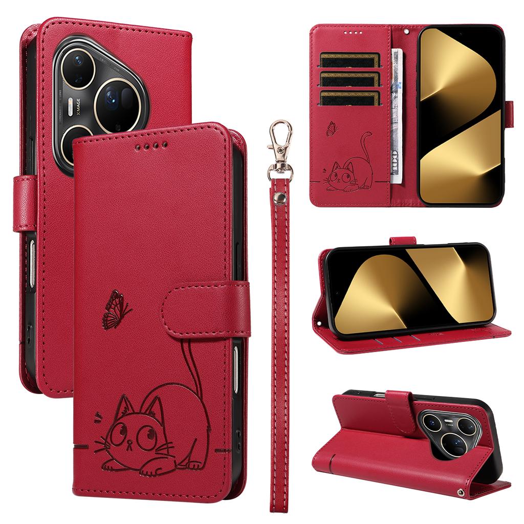 Чехол для Huawei Pura 80 Ultra с тиснением в виде кошки, кожаный чехол для телефона с ремешком на запястье