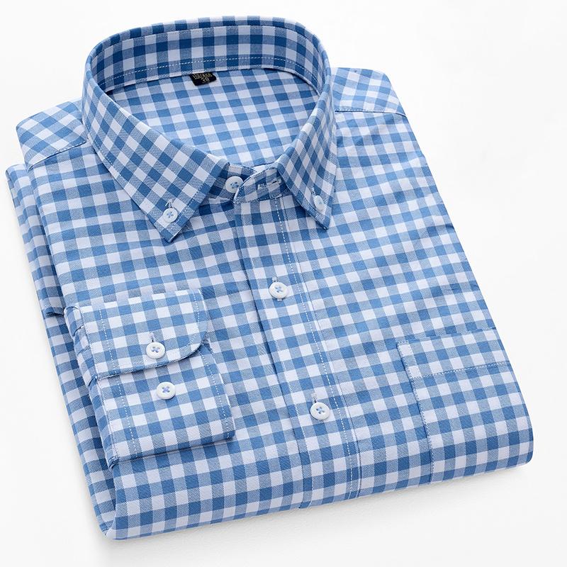 Офисные мужские рубашки в клетку из чистого хлопка с длинными рукавами и воротником на пуговицах для бизнеса, удобная мужская одежда с нагрудным карманом